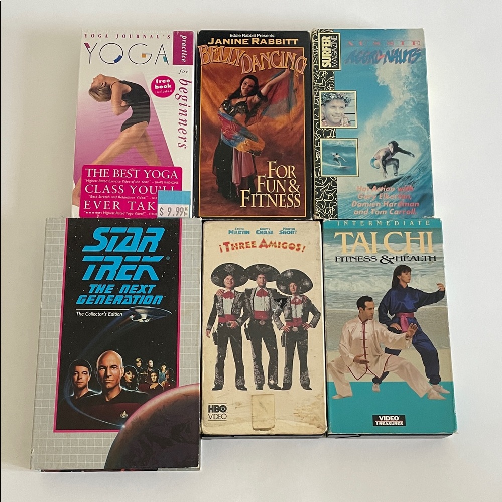 Collection of Six Vintage VHS Tapes: Yoga, Tai Chi, Three Amigos, Star Trek...